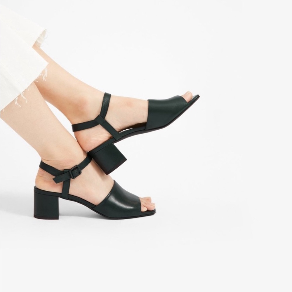Everlane Square Toe Black Leather Block Heel Sandals 7.5